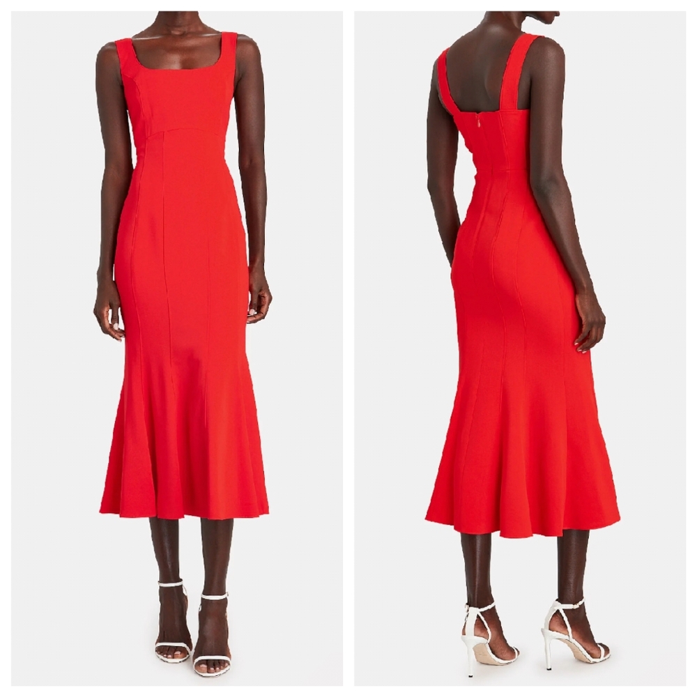 NEW VERONICA BEARD Gloria Poppy Red Fishtail Flared Hem Midi Dress Size 4